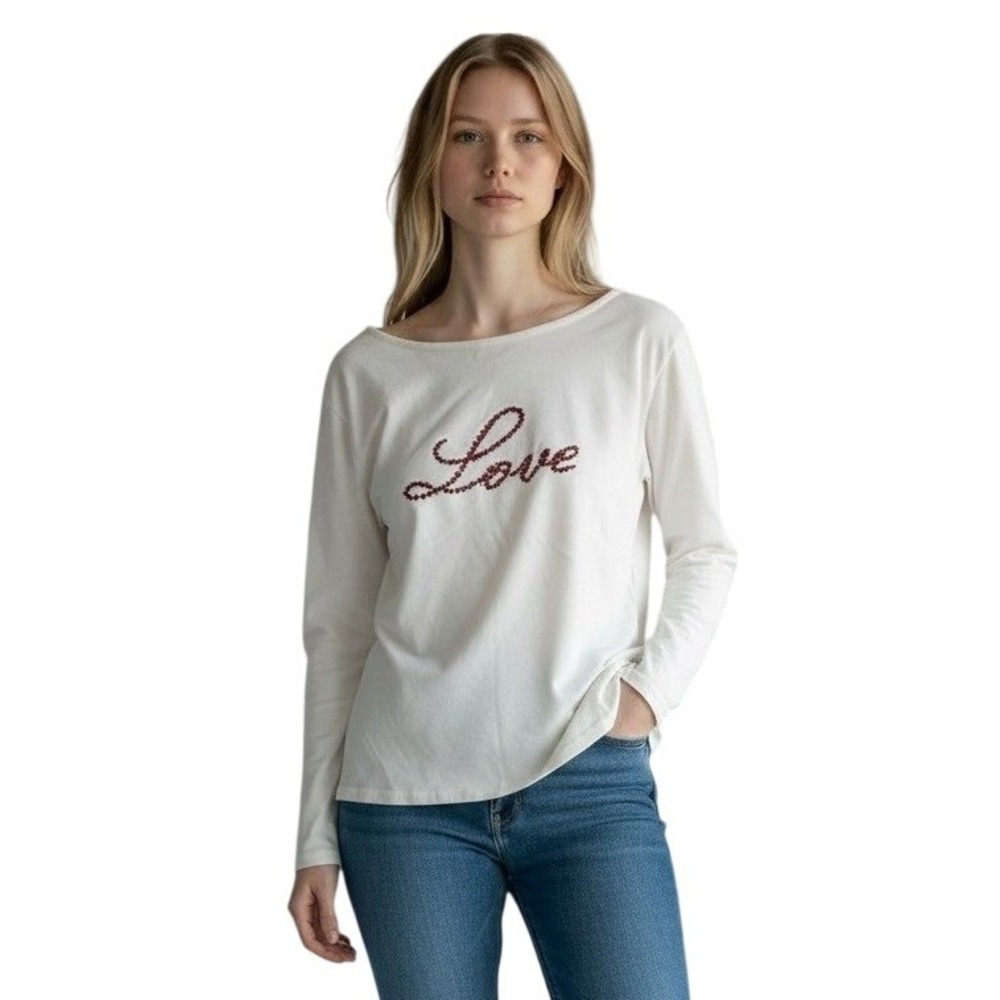 Universal Thread Top Women Small Cream Long Sleeve Red LOVE Graphic Scoop Neck T